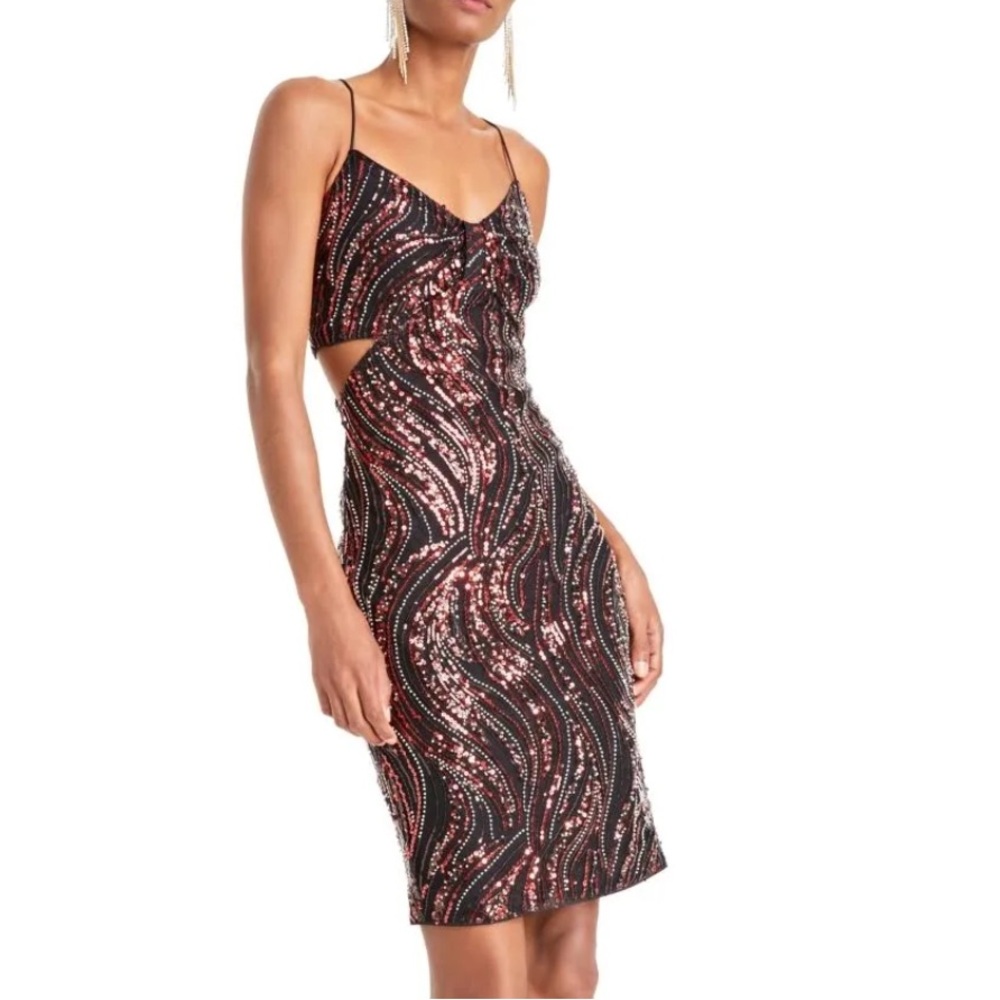 GUESS Taryn Sequined Side-Cutout Cocktail Sleeveless Dress Mesh Overlay 14 NWT